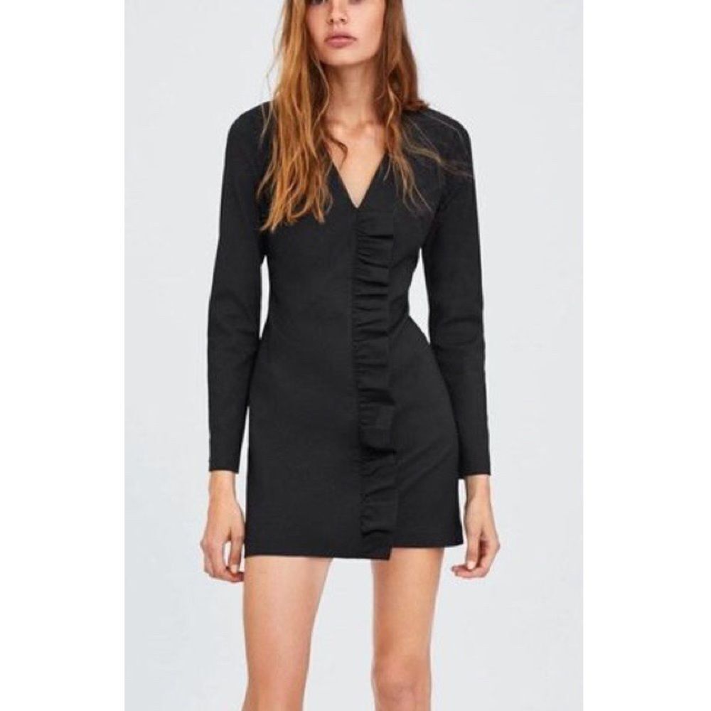 Zara TRF Long Sleeve Ruffle Bodycon Black Dress Size XS
